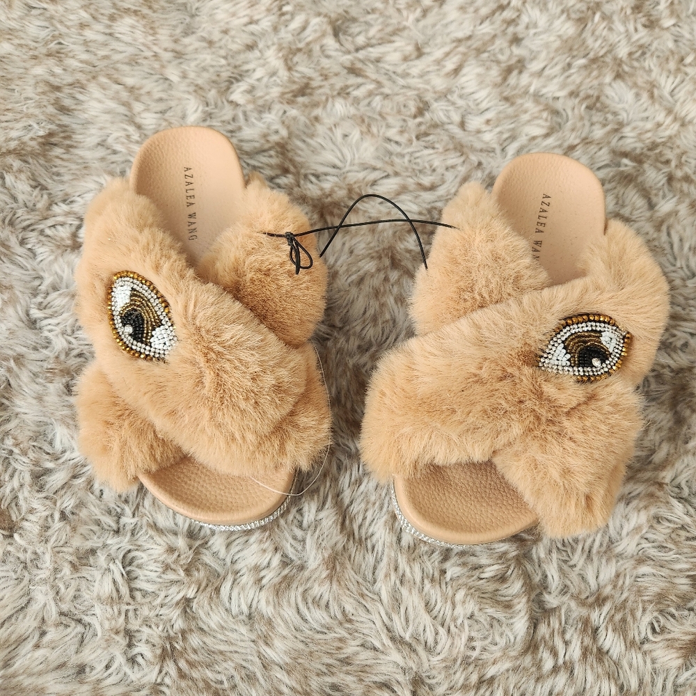 Azalea Wang Faux Fur Rhinestone Platform Evil Eye Slippers Size 7